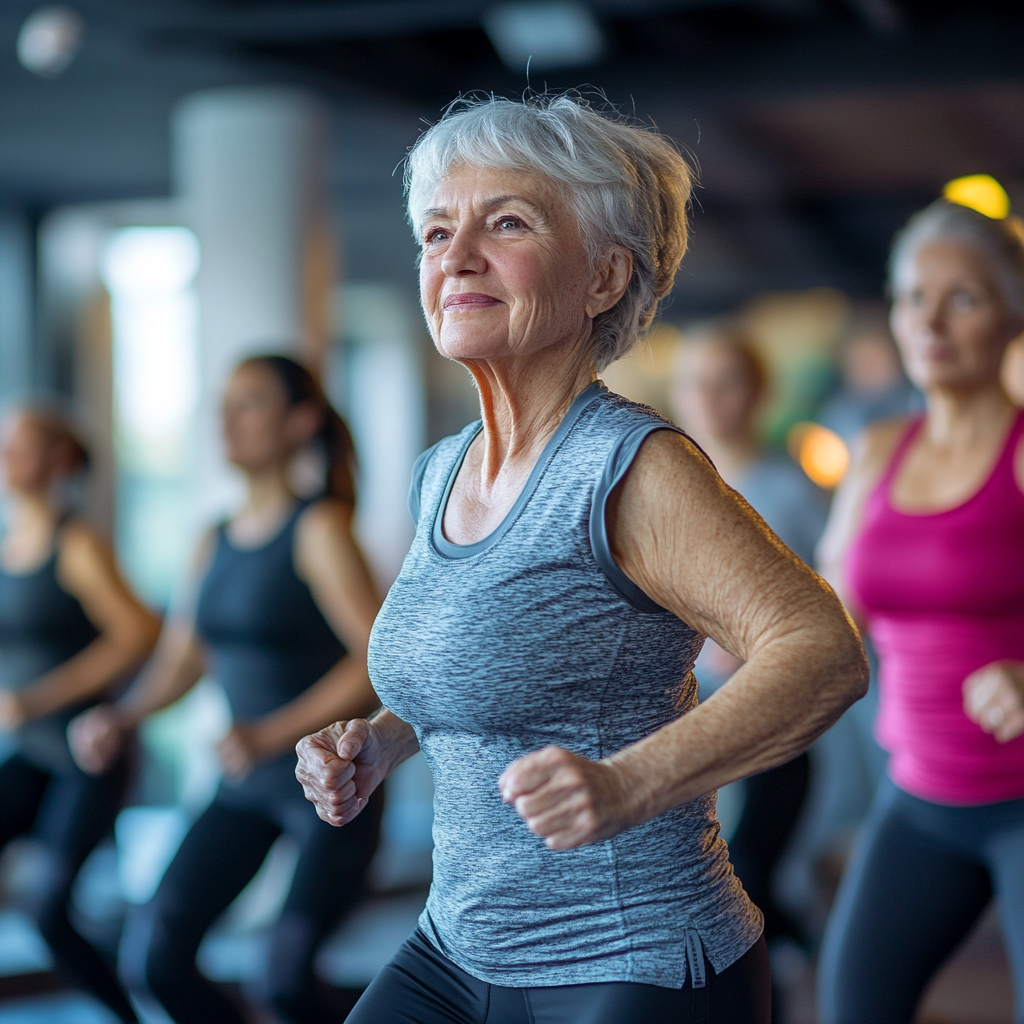 Енергійна група людей виконує фітнес вправи в сучасному спортзалі