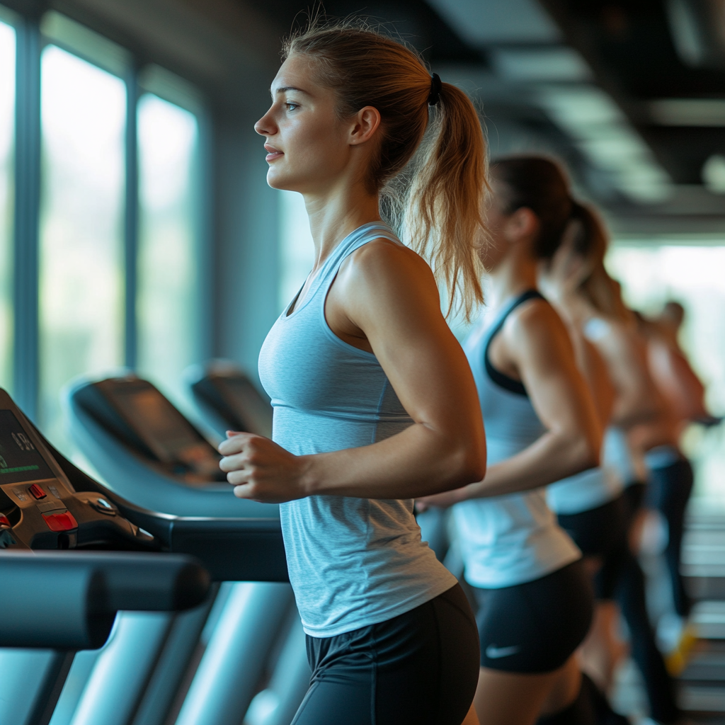 Люди займаються кардіо тренуванням на бігових доріжках