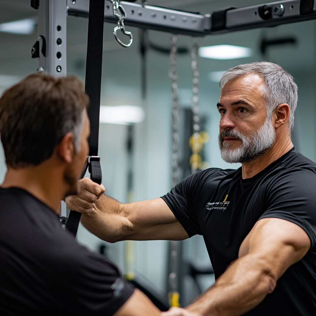 Особистий тренер працює з клієнтом над правильною технікою